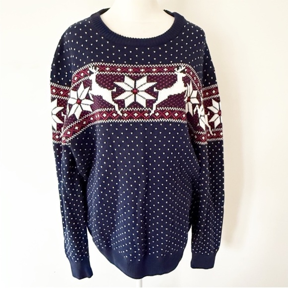 Crown & Ivy Women Reindeer Fair Isle Oversized Knit Sweater Large Classic Nordic - Picture 1 of 6